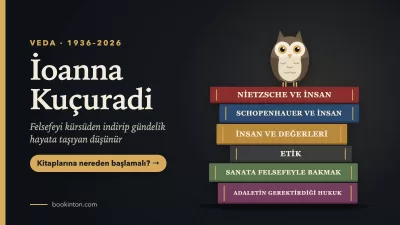 İoanna Kuçuradi (1936–2026): kitap yığını üzerinde baykuş; Nietzsche ve İnsan, İnsan ve Değerleri, Etik ve diğer kitapları